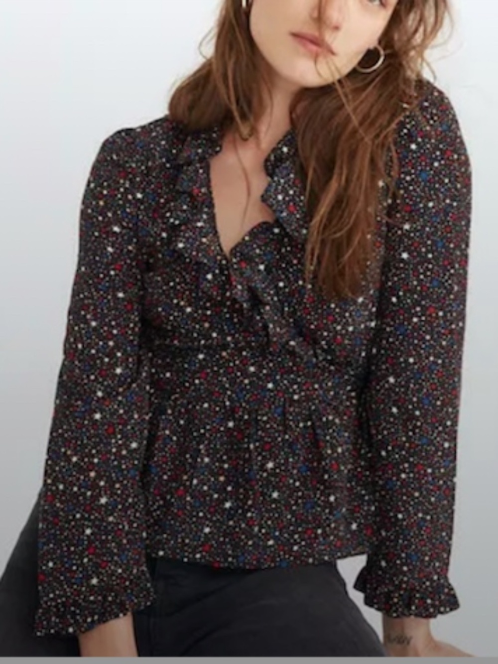 NWT Madewell Silk Ruffle-Hem Wrap Top in Starry Night